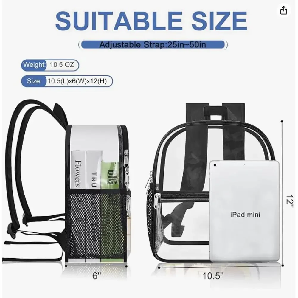 Clear Backpack for Stadium Events, Small Clear Bag, Transparent Backpack- Black